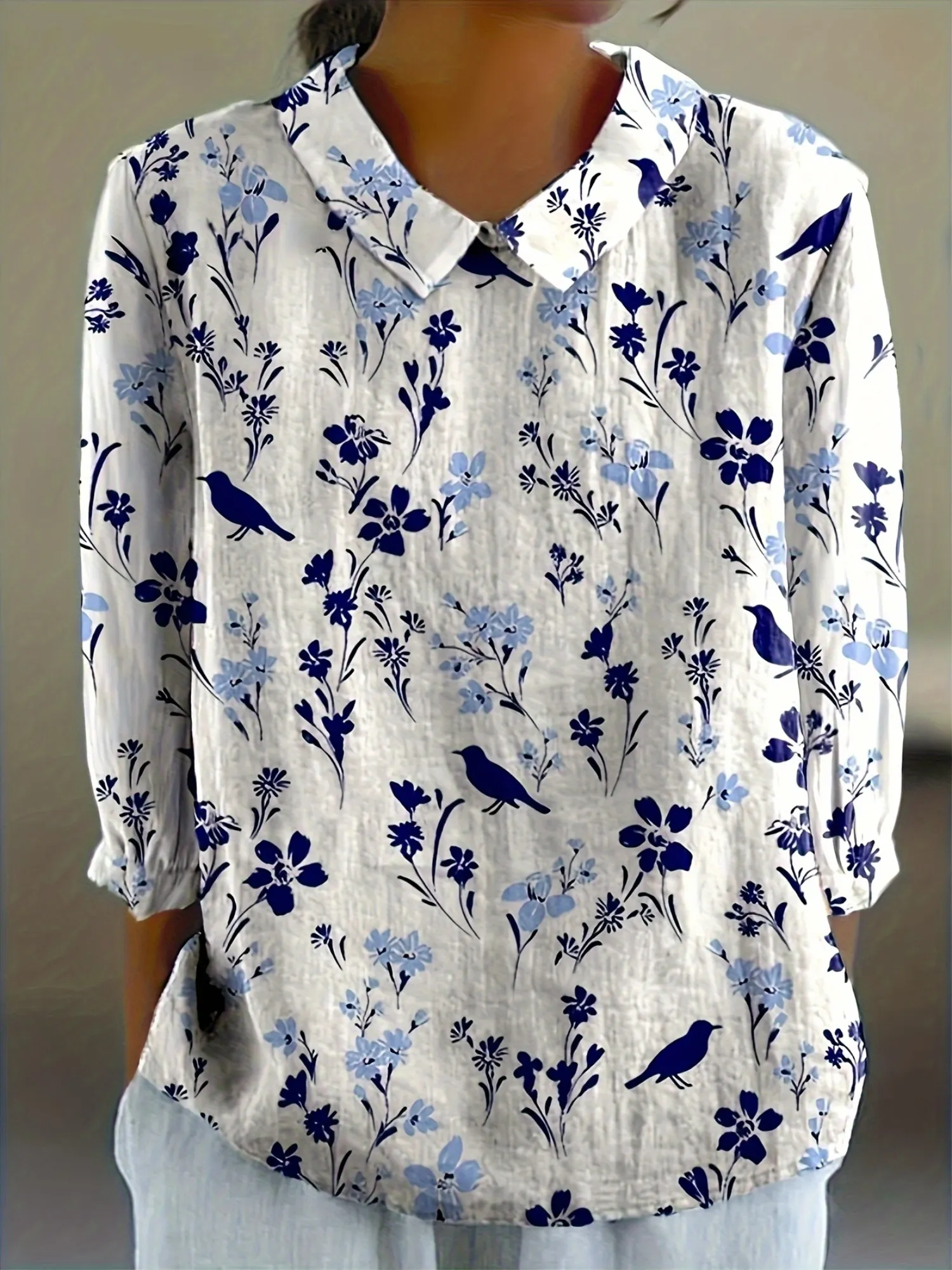 Womens Casual Three-Quarter Sleeve Shirt With Floral And Bird Print Light Blue White