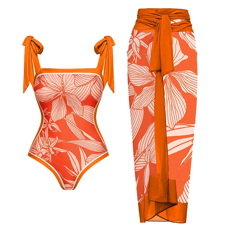 Tie Shoulder Orange Print One Piece Swimsuit and Sarong Flaxmaker