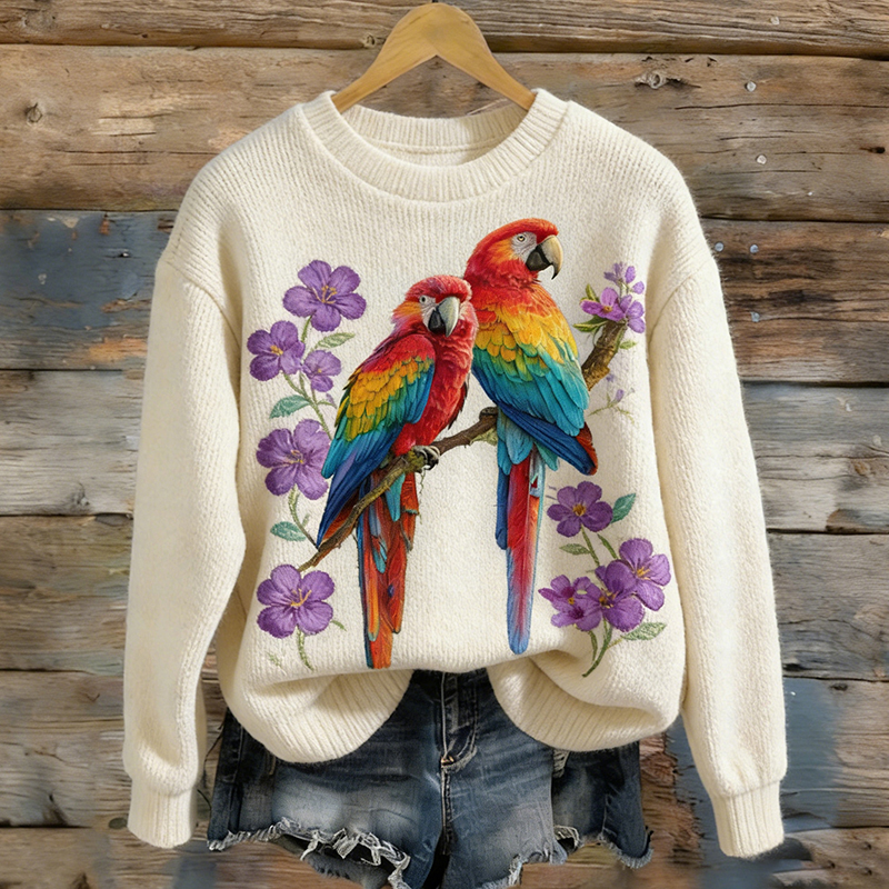 Women's Floral And Bird Pattern Comfortable Knitted Crew Neck Sweater wearshes