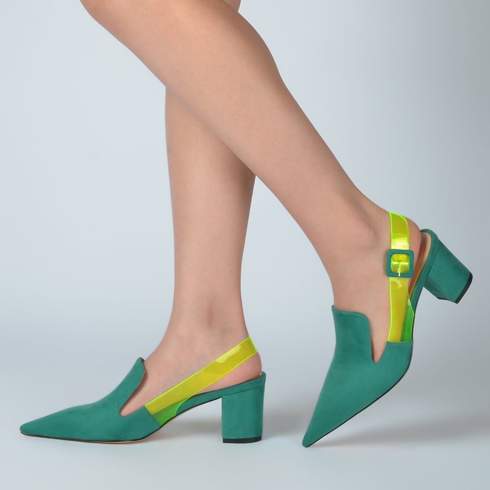 Green Pointed Heels Chunky Slingback Sandals