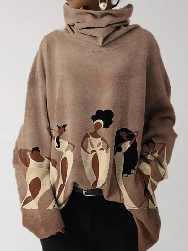 Figure Printed Long Sleeves Loose Heaps Collar Hoodies&Sweatshirt Tops