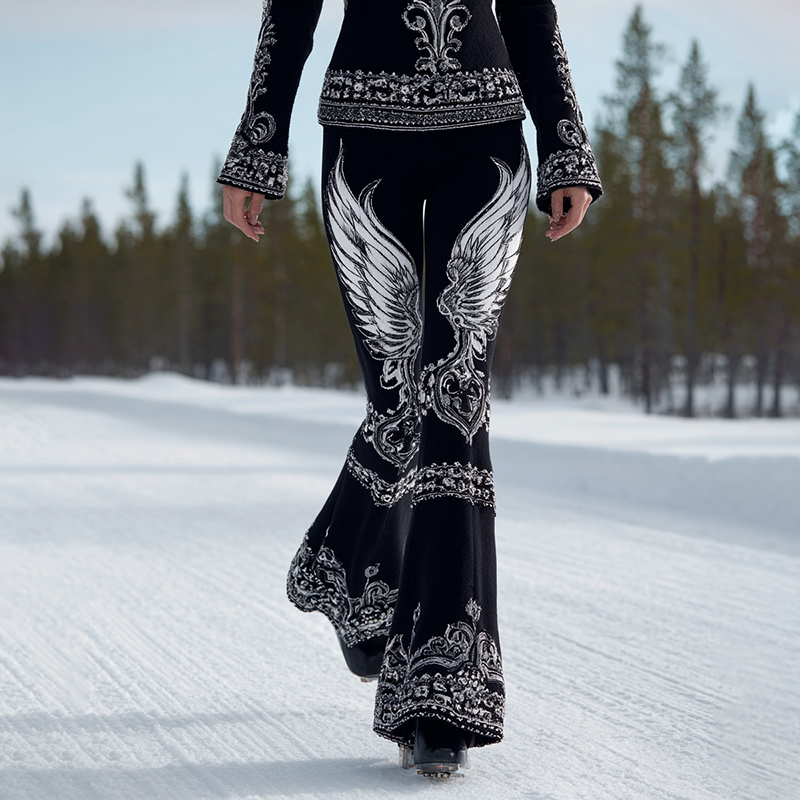 Women's Vintage Viking Celtic Knot With Angle Wing Print Casual Flared Leggings elevenforest