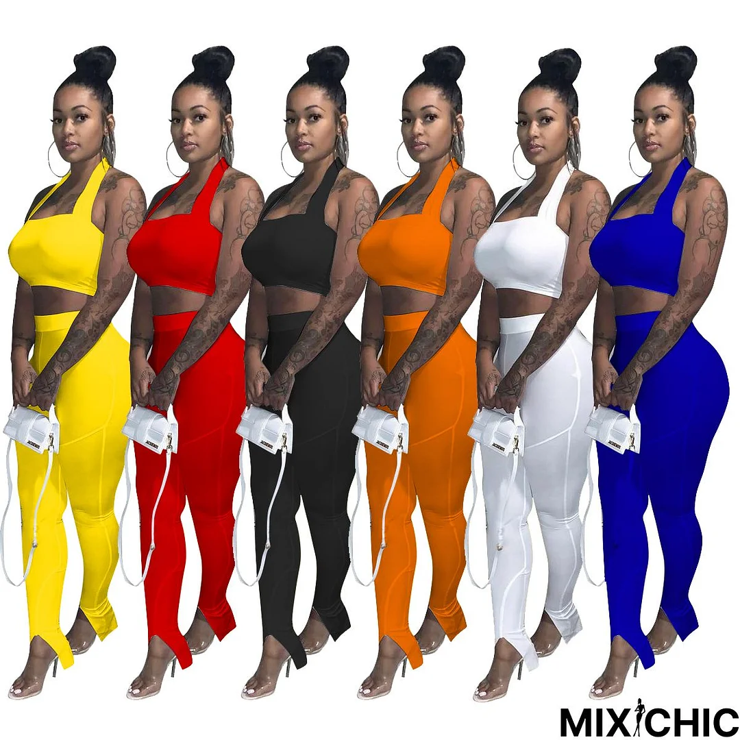 Women's Solid Hanging Neck Crop Top Pencil Pants 2 Piece Outfits
