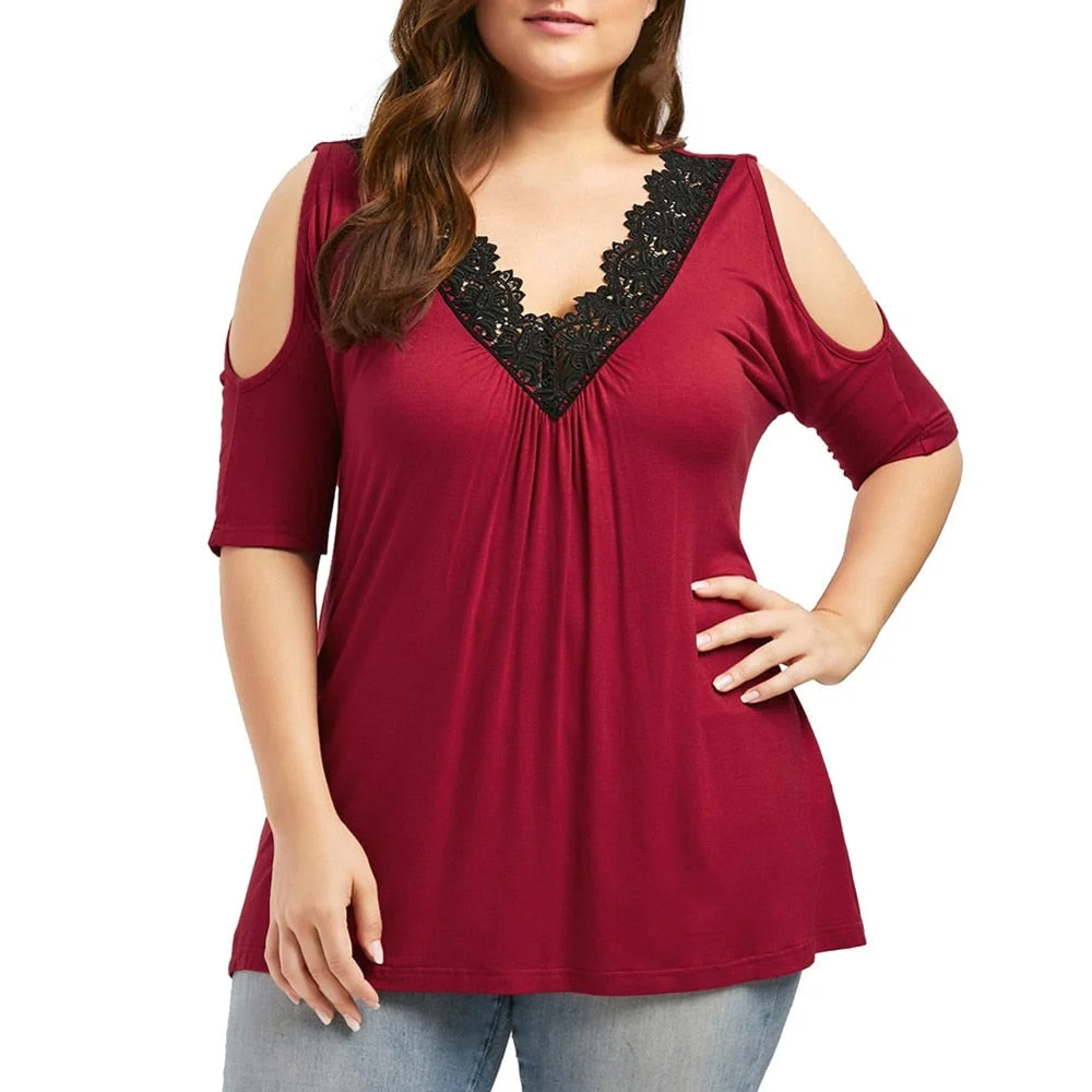 2019 Plus Size Women Lace Trim V Neck Loose Cold Shoulder Blouses Tops Summer Top Casual Short Sleeve Blouse Female Shirt Blusa