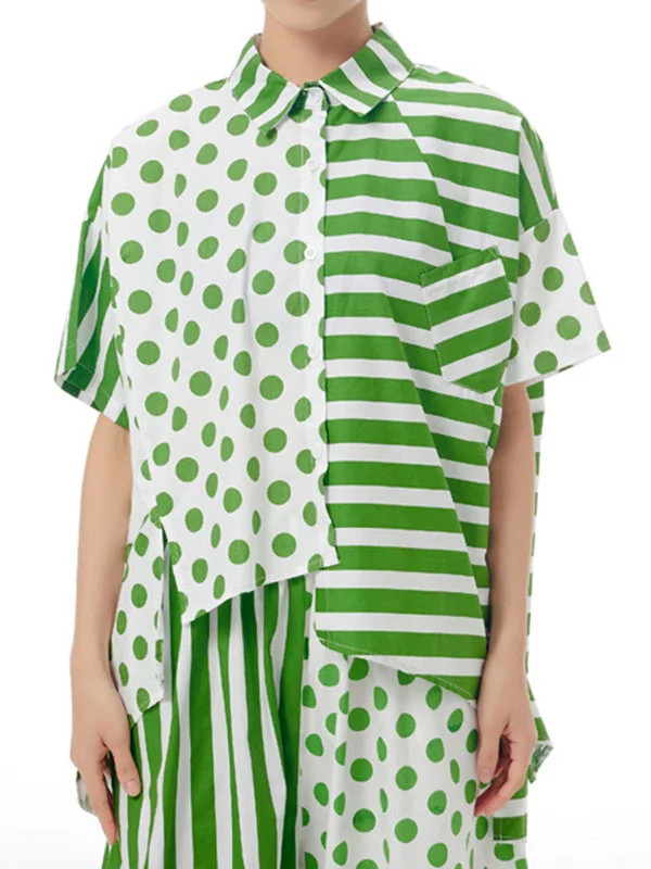 Striped Split-Joint Polka-Dot Short Sleeves Loose Lapel Shirts Tops