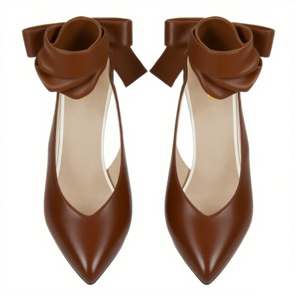 Brown Pointed Toe Cone High Heel Bow Slingback Pumps for Women
