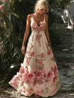 Resort Style Boho Floral Embroidery Women's Linen Spaghetti Strap Maxi Dress