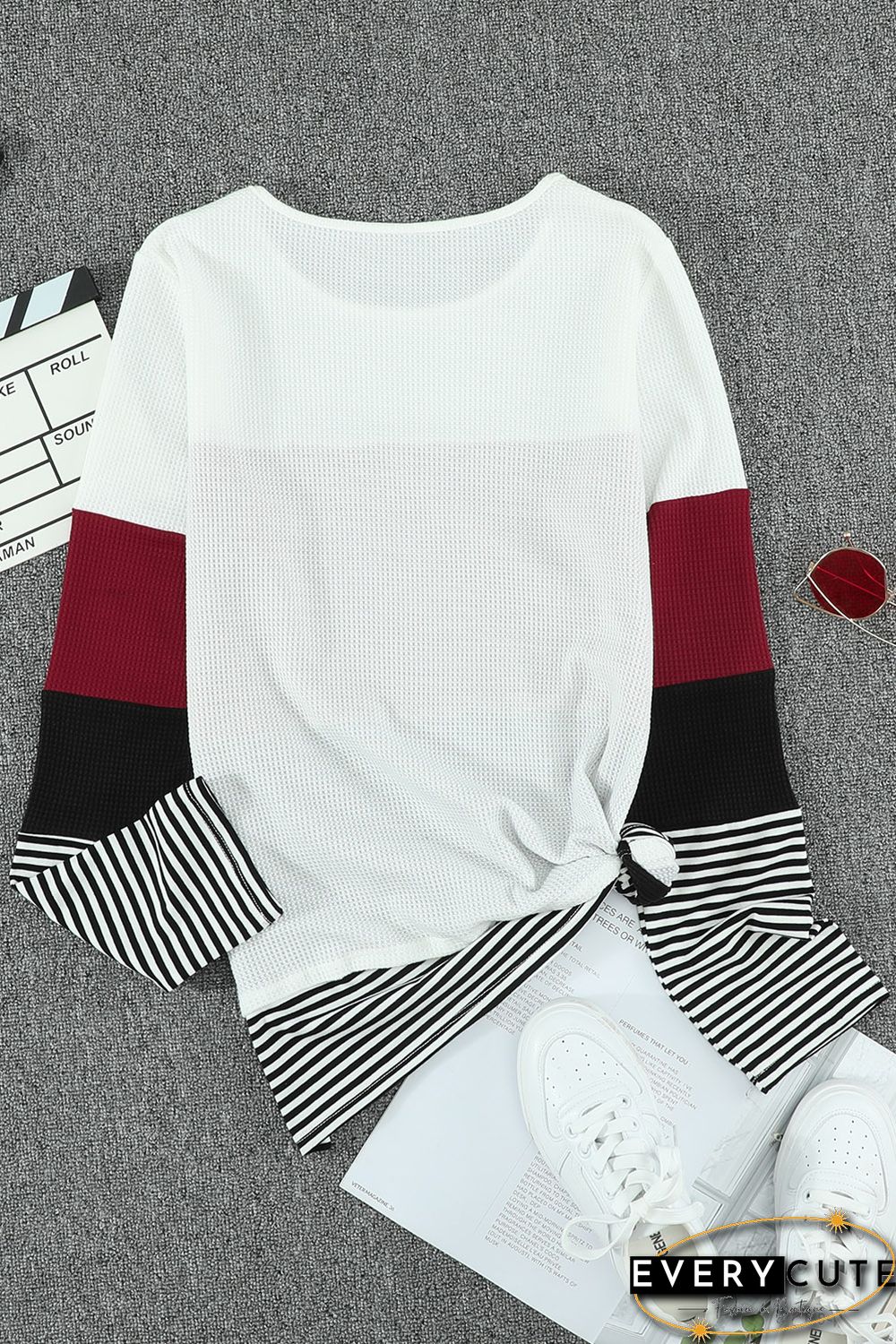 Wine Stylish Colorblock Splicing Stripes Top