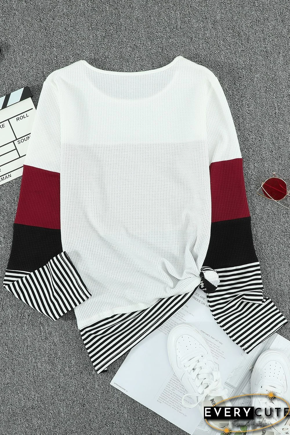 Wine Stylish Colorblock Splicing Stripes Top