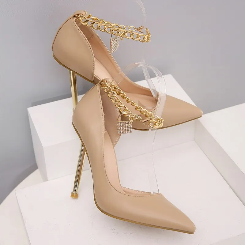 2021 Spring Summer Fashion Rhinestone Metal Chain Women Pumps Elegant Pointed toe Stiletto High Heels Shallow Office Lady Shoes