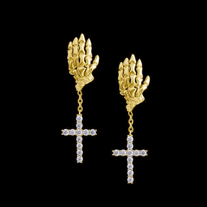 Hiphop Iced Out Men's Skeleton Claw Cross Dangle Earrings-VESSFUL