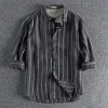 Casual Striped Washed Linen Breathable 3/4 Sleeve Vacation Shirt