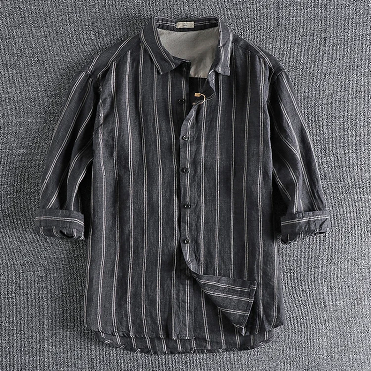 Casual Striped Washed Linen Breathable 3/4 Sleeve Vacation Shirt