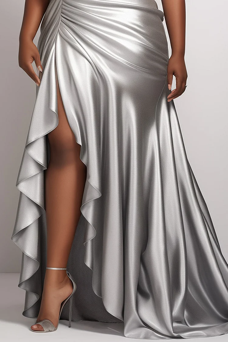 Xpluswear Design Plus Size Prom Silver Oblique Collar Flutter Sleeve Split Ruffle Glitter Maxi Dresses