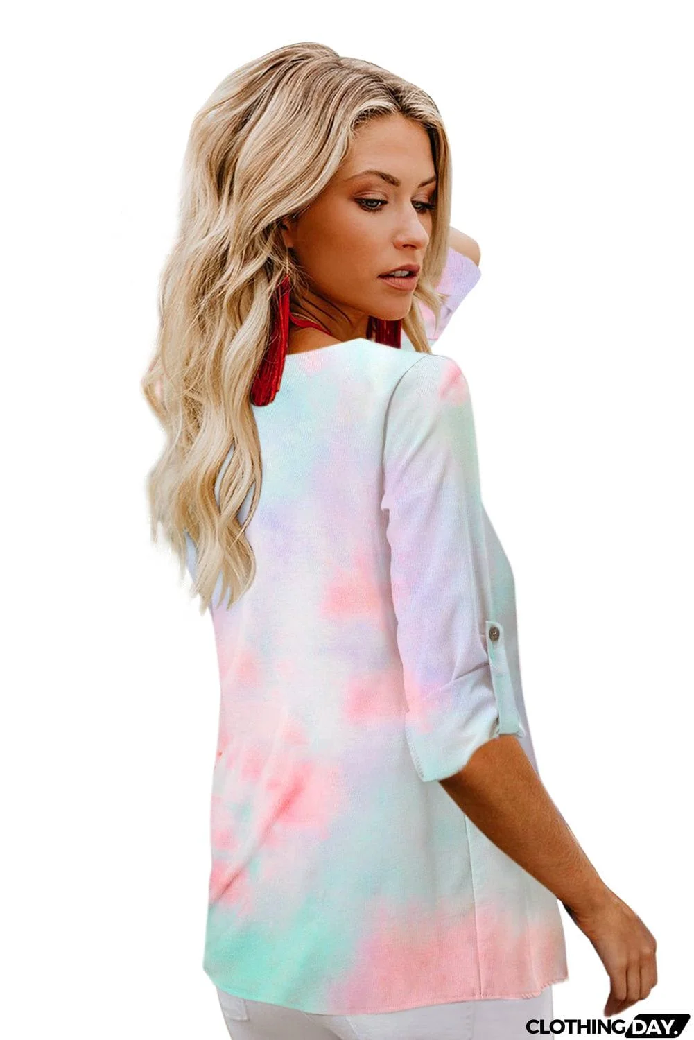 V-neck Long Sleeve Tie-dye Blouse With Buttons Closure