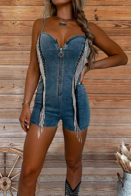 Women's Diamond Tassel Zipper Denim Jumpsuit