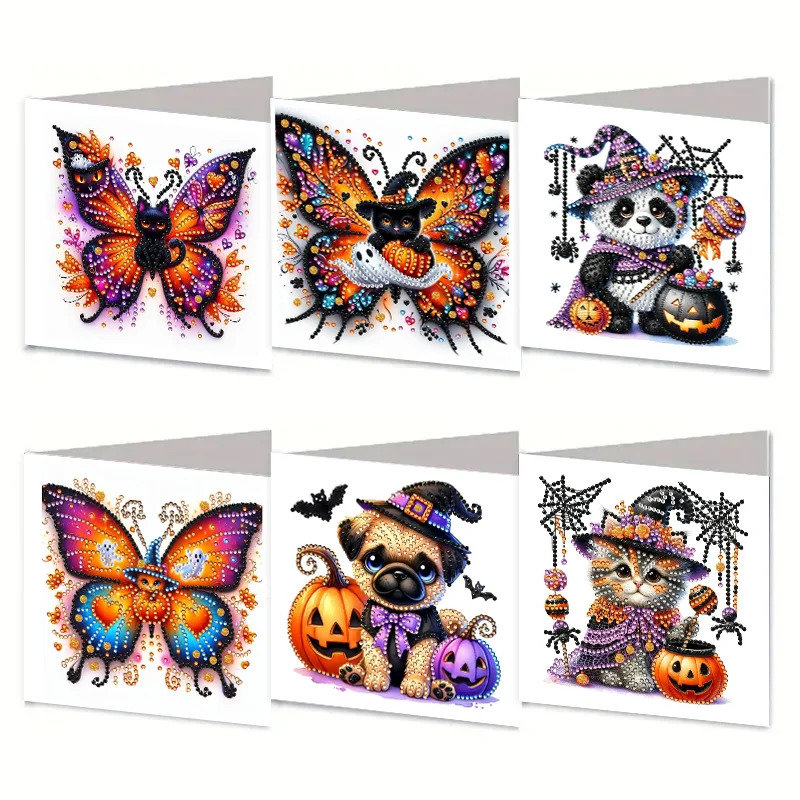 6PCS DIY Halloween Designs Diamond Art Greeting Cards for Halloween and Holidays