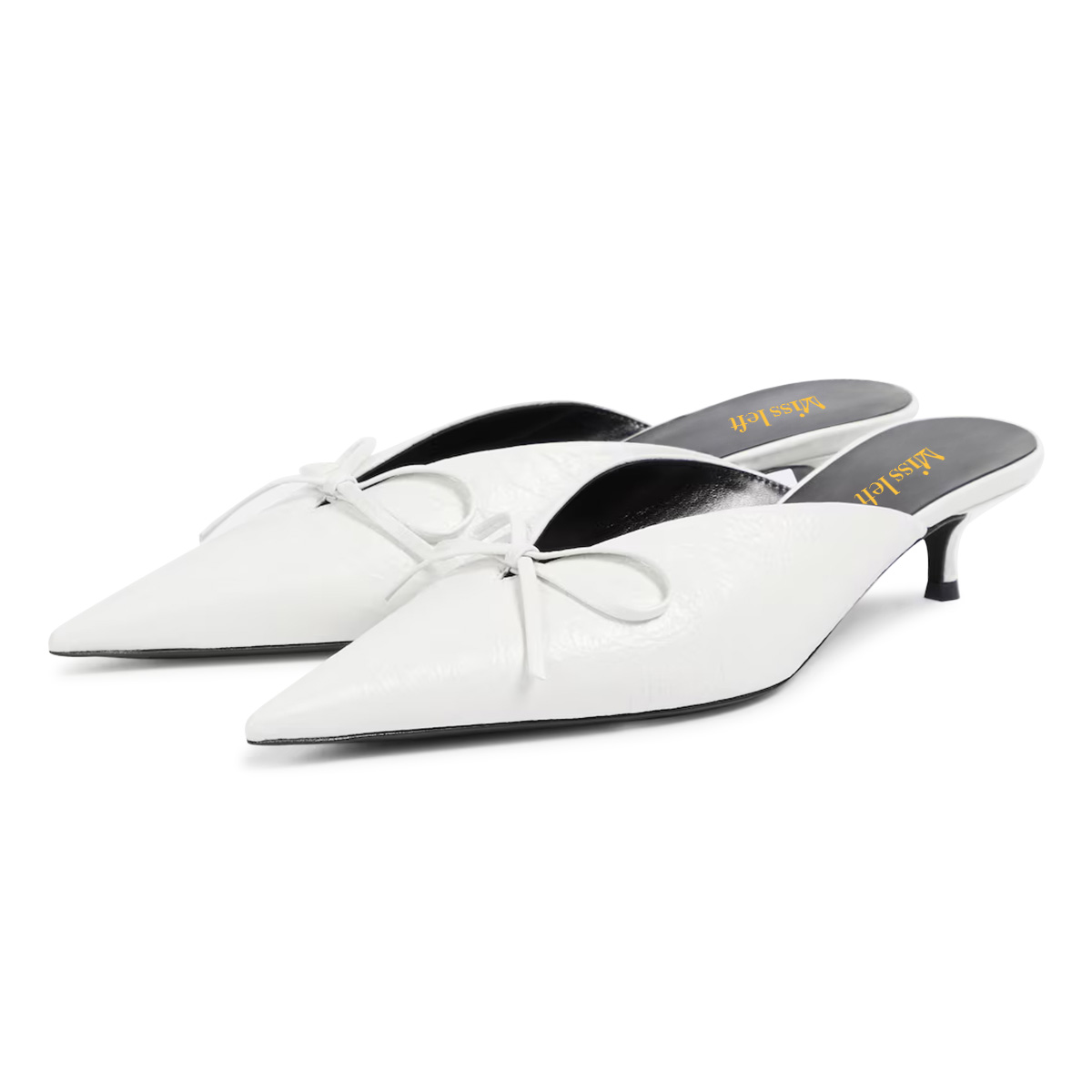 White Bow Tie Pointed Toe Kitten Heel Slip-On Mules for Women Nicepairs