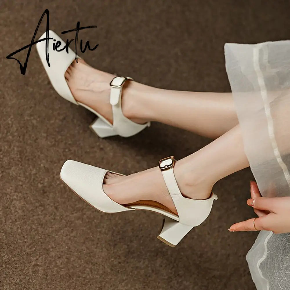 Summer New Women Shoes Square Toe High Heels Cover Heel Shoes Women Genuine Leather Women Sandals Concise Retro Mary Janes Aiertu