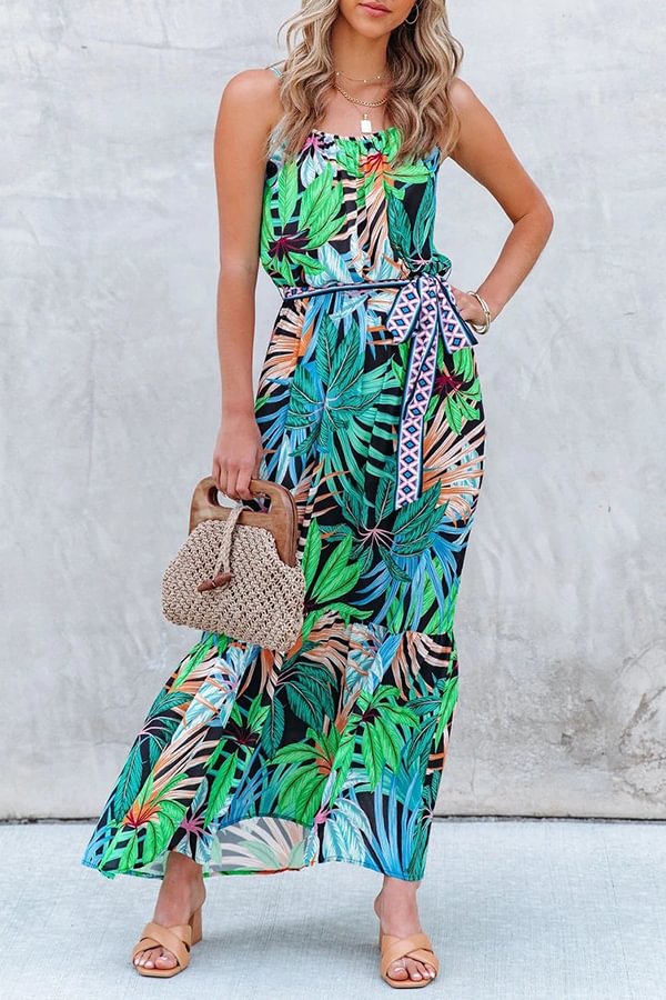 Tropical Palm Print Tie Waist Maxi Dress