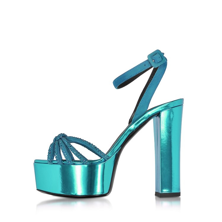 Blue Prom Shoes Chunky Heel Ankle Strap Platform Sandals Evening Shoes |FSJ Shoes