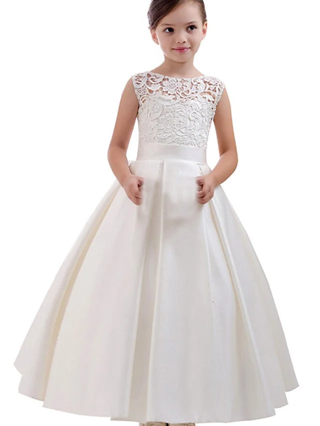 Oknass A Line Short Sleeve Jewel Neck Flower Girl Dresses Lace Satin With Pleats Solid