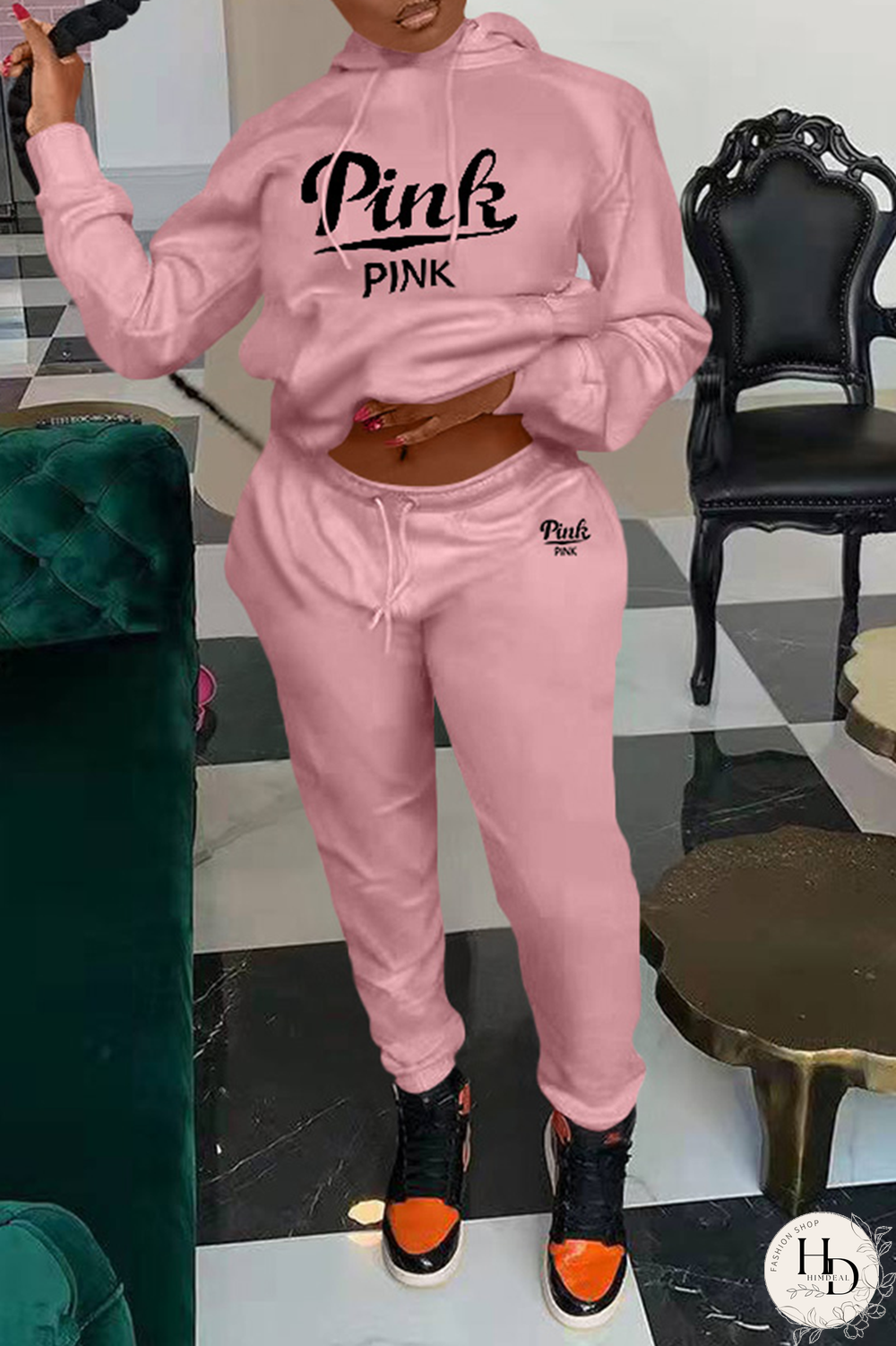 Pink Casual Print Patchwork Hooded Collar Long Sleeve Two Pieces