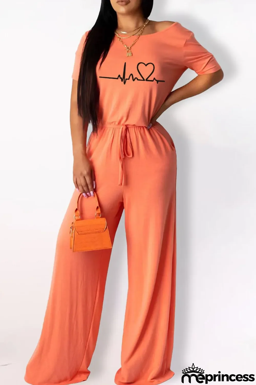 Orange Fashion Casual Print Basic O Neck Regular Jumpsuits