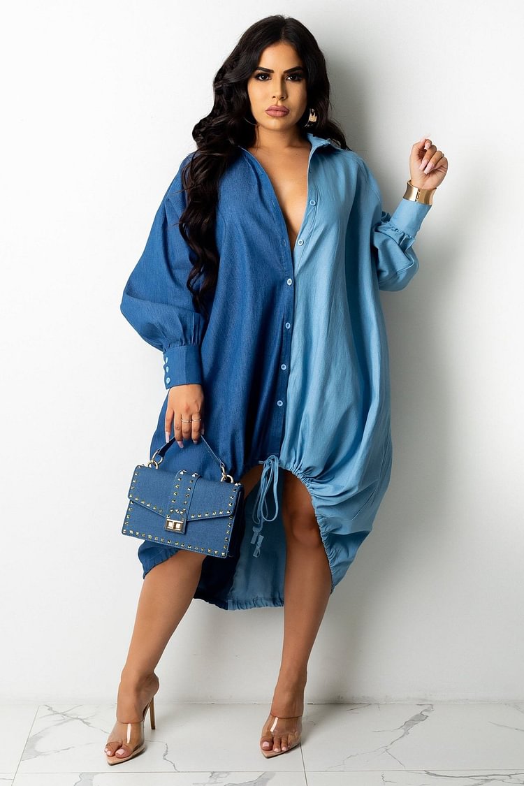 Denim Stitching Drawstring Shirt Dresses