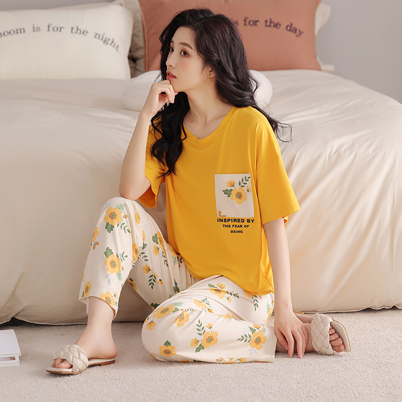 Alccn Summer small floral pyjamas women big yards female modal cotton pajamas set short sleeve long pants casual tracksuit pijamas 4XL