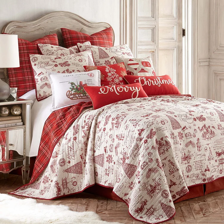 🔥kukelife🔥Yuletide Quilt Set - King Quilt (106x92in.)  Two King Pillow Shams (36x20in.) - Christmas Holiday Script - Red and Cream - Reversible - Cotton