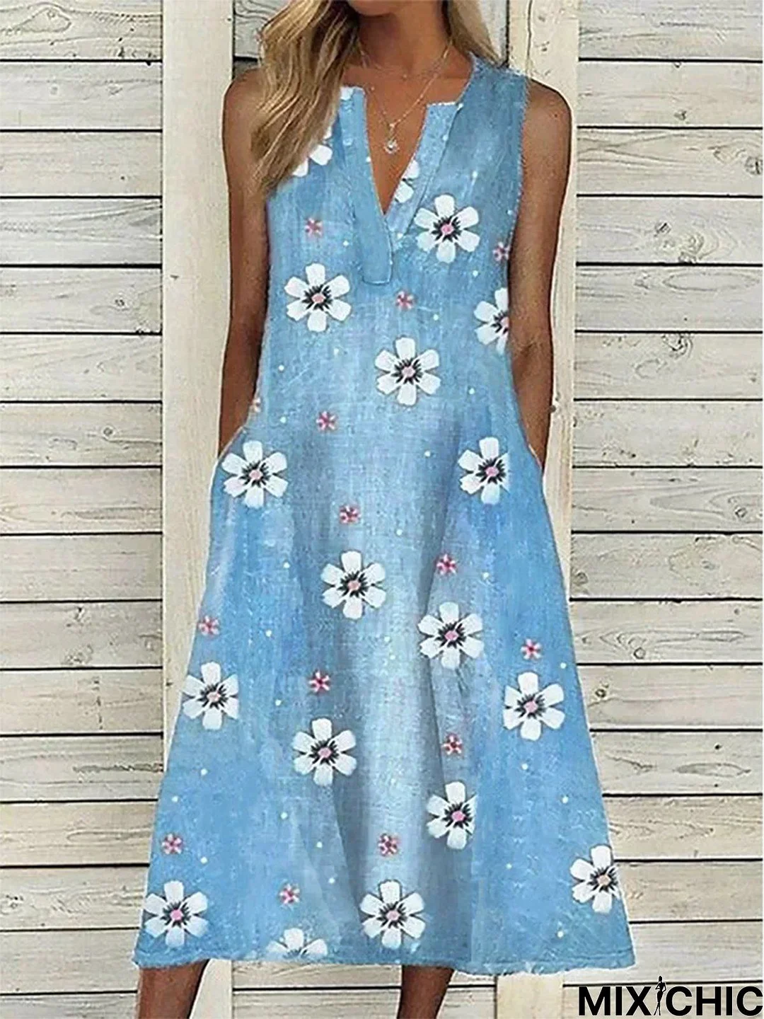 Floral Pockets Sleeveless Casual Denim Dresses