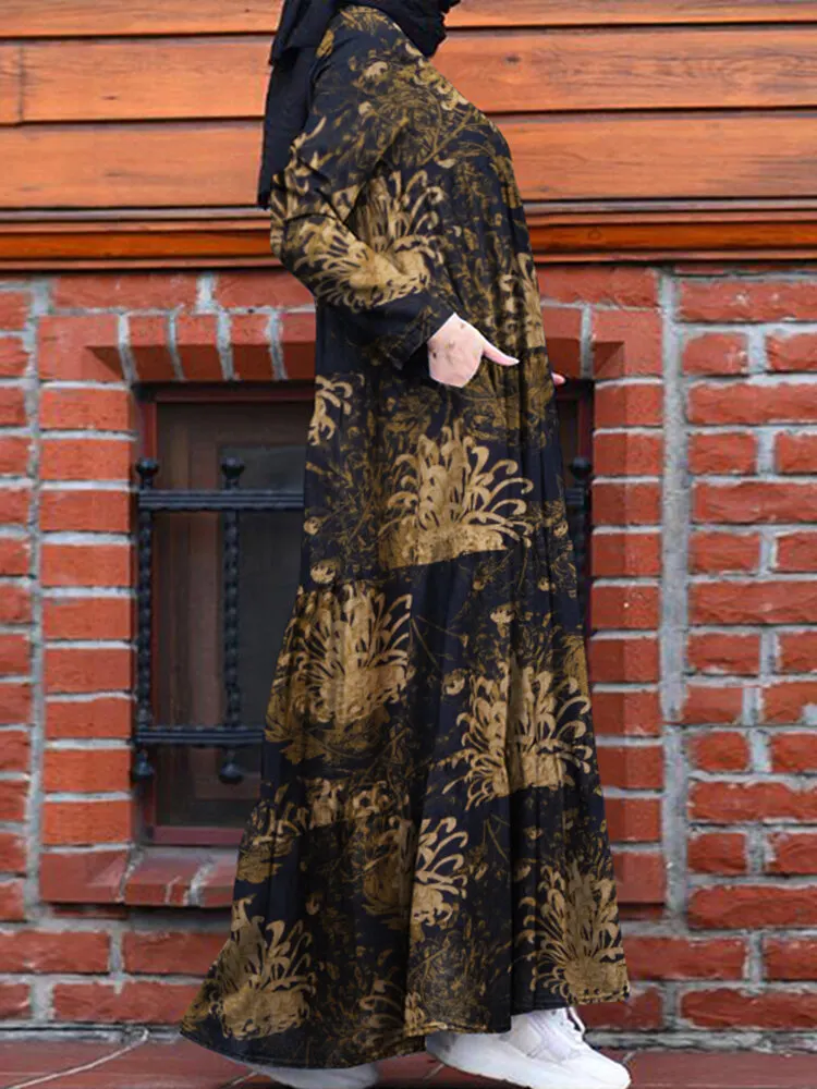 Women Ethnic Calico Print Pocket Patchwork Casual Maxi Dress