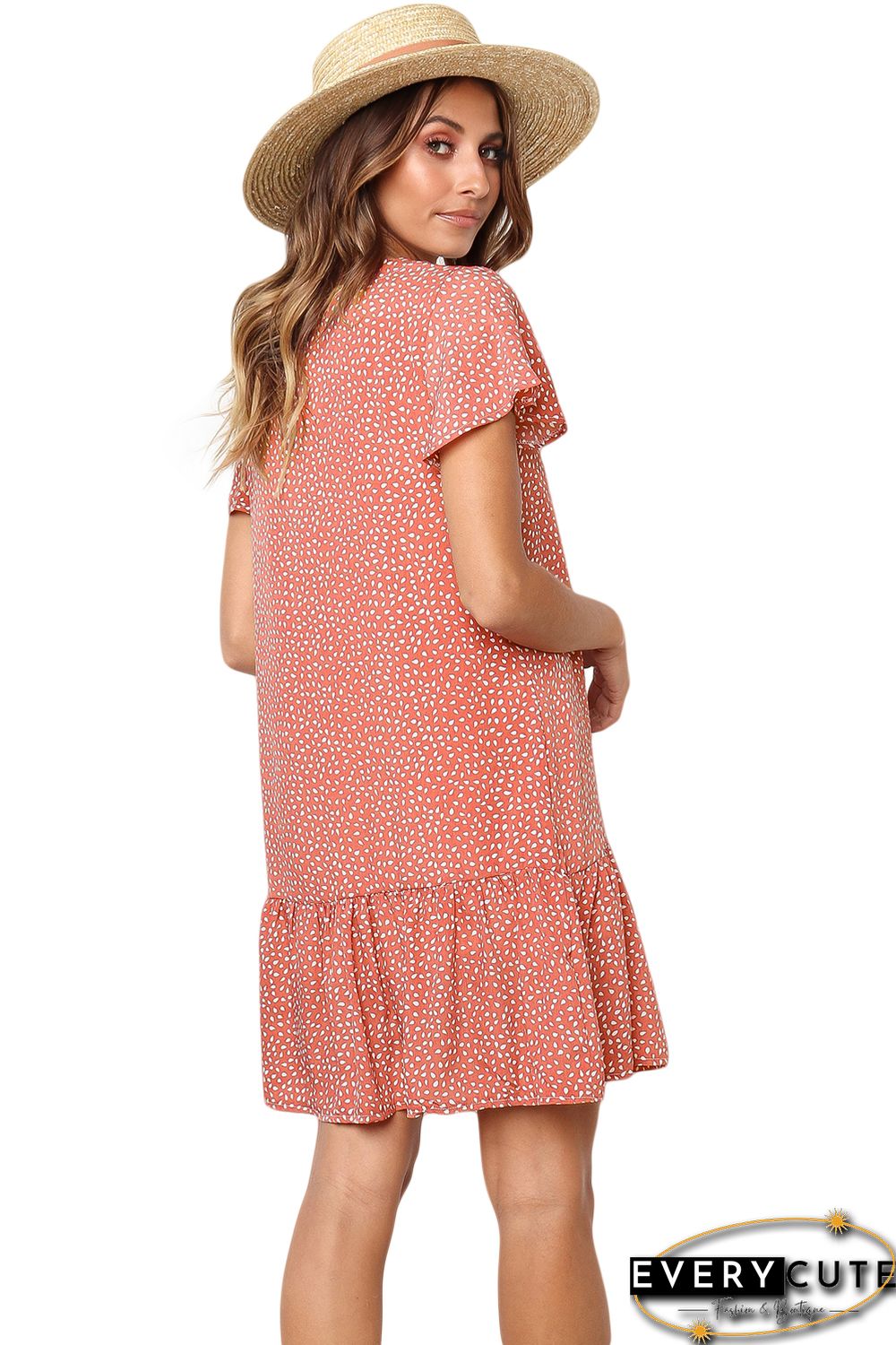 Red Polka Dot V Neck Button Down Ruffles Short T-Shirt Dress