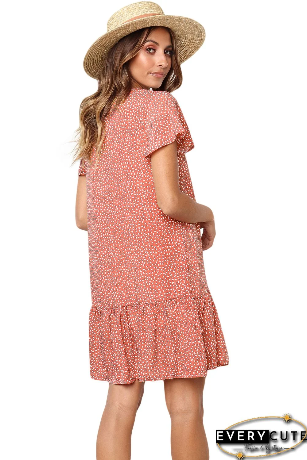 Red Polka Dot V Neck Button Down Ruffles Short T-Shirt Dress