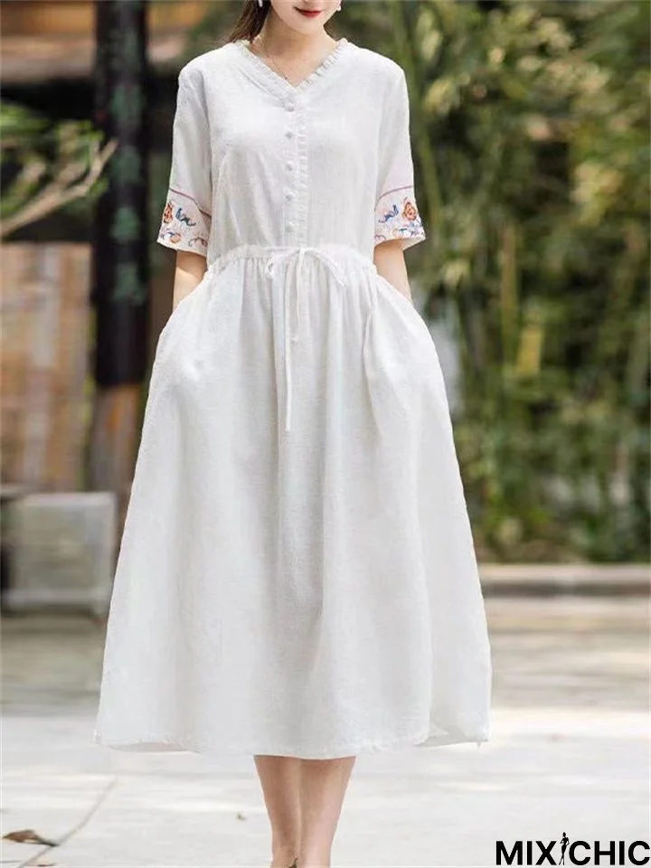 Embroidered V-Neck Cotton Linen Dress Loose Lace Up Long Skirt