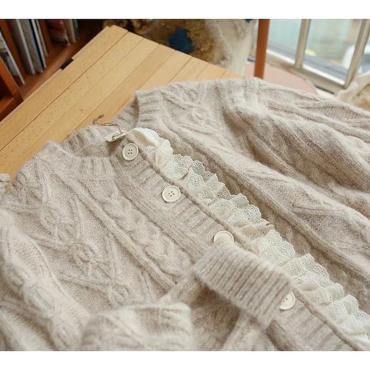 Queenfunky cottagecore style Cutecore Woolen Lace Cardigan QueenFunky