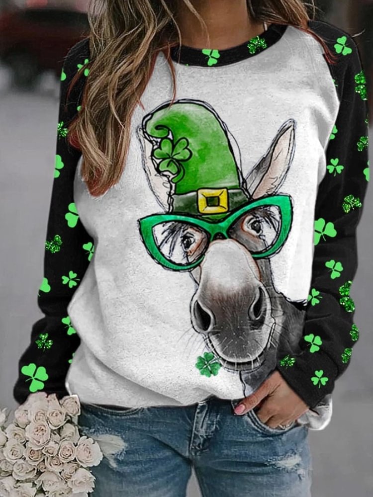 Clover Cute Donkey Print Contrasting Sweatshirt