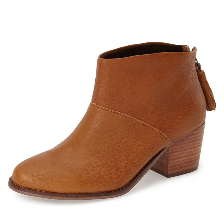 Tan Boots Round Toe Wooden Chunky Heel Vintage Ankle Boots |FSJ Shoes