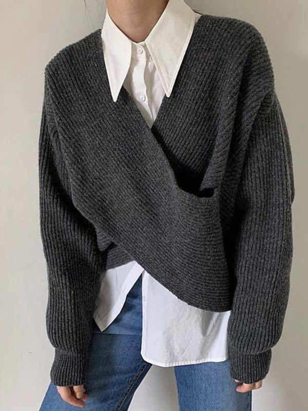 Original Casual Cross V-Neck Long Sleeves Sweater Tops