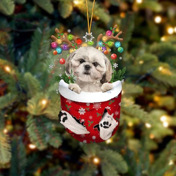 Shih Tzu 3 In Snow Pocket Christmas Ornament.