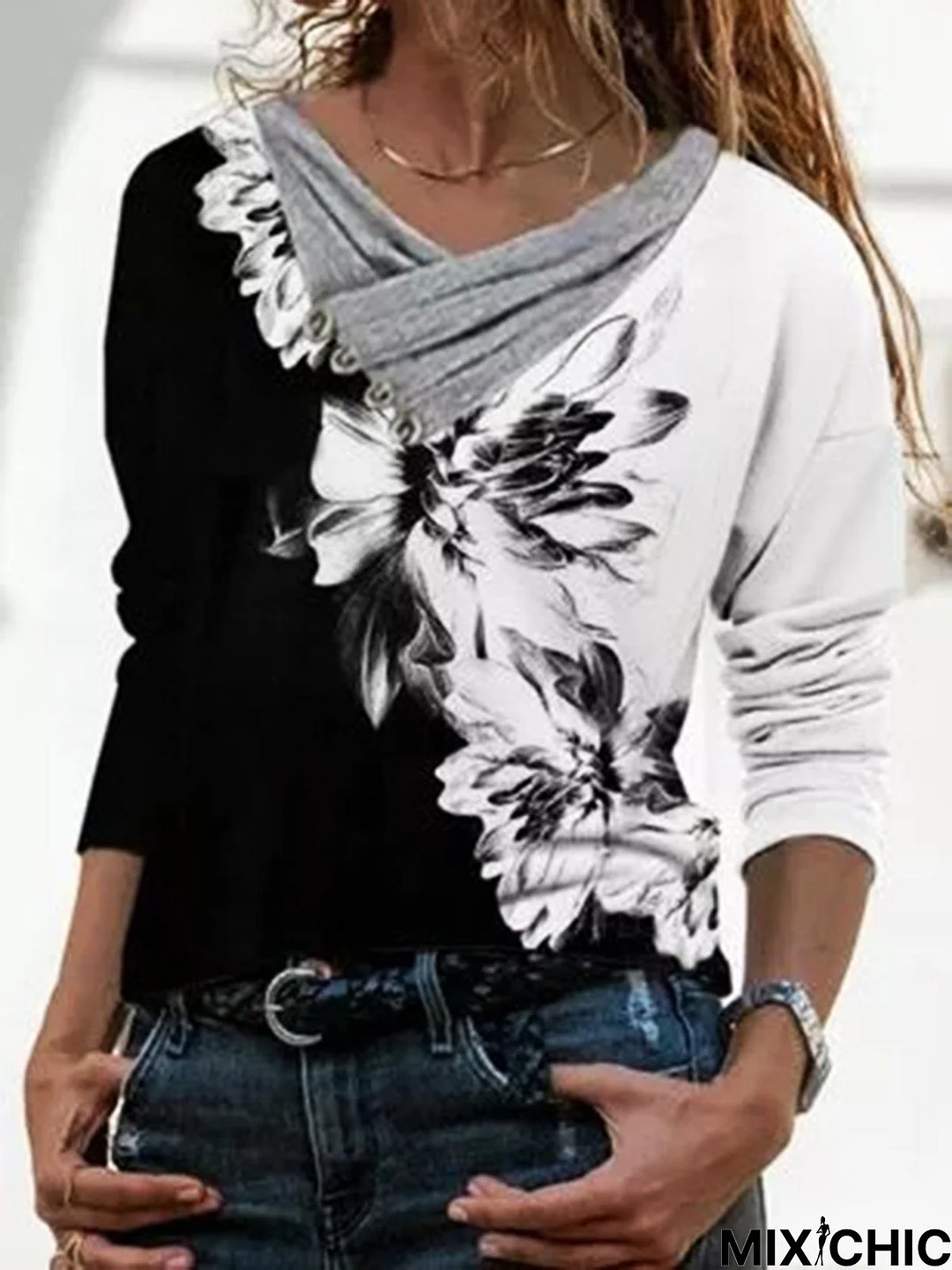 Floral Color Block Printed Cowl neck Casual Hippie Long Sleeve Loosen Top