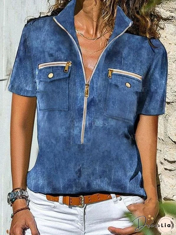Zipper Lapel Short-sleeve T-shirt for Women