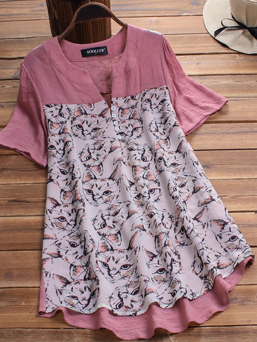 Women V-neck Cat Graphic Short Sleeve Tops