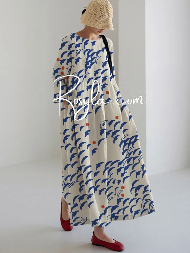 Women's Casual Leisure Birds Print Long Sleeve Midi Dress