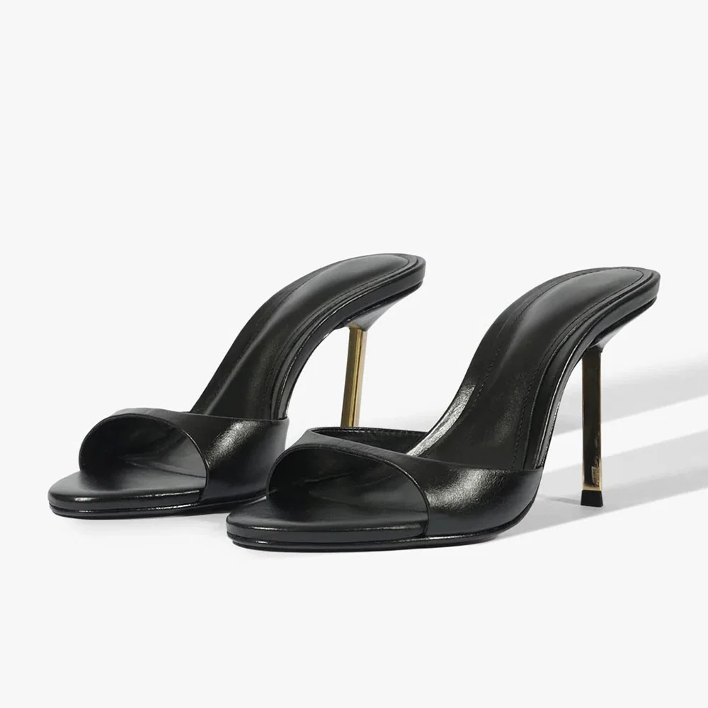 Chic Black Open Round Toe Stiletto Heel Slip On Mules for Women