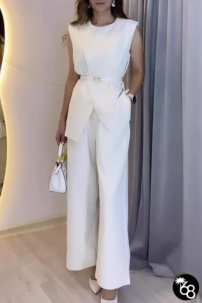 Elegant Simplicity Solid Pocket O Neck Sleeveless Two Pieces | 168DEAL