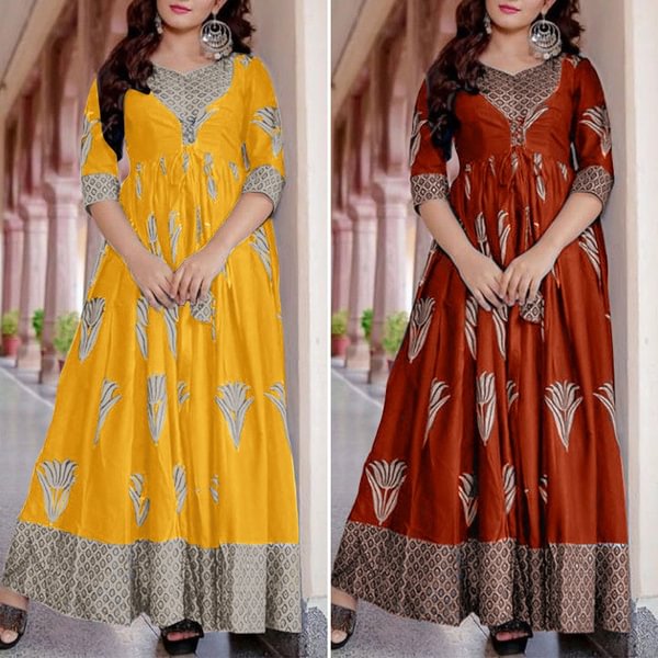 Women Fashion Elegant Pleated Floral Print Tunic Dresses V Neck Half Sleeve Long Maxi Vestido Casual Spring - Shop Trendy Women's Clothing | LoverChic