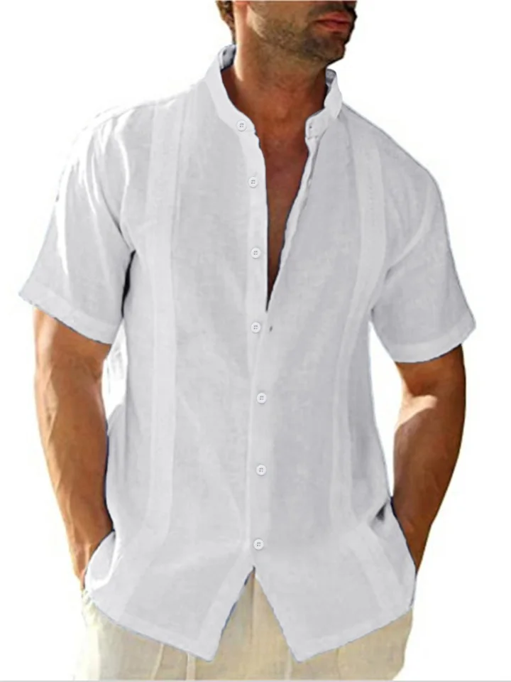 Men's Linen Shirt Button Up Shirt Casual Shirt Summer Shirt Beach Shirt Guayabera Shirt Black White Blue Short Sleeve Plain Stand Collar Summer Casual Daily Clothing Apparel