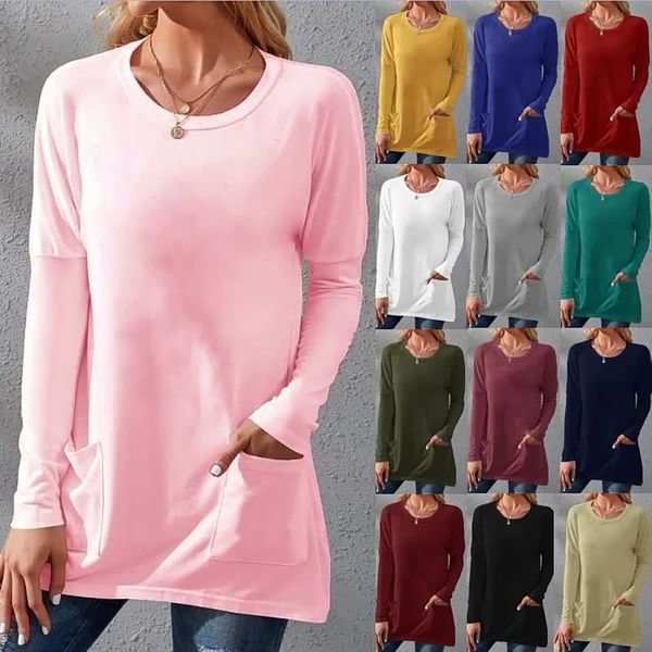 （50% OFF）Crew Neck Long Sleeve Loose Pocket Solid-color T-shirt Casual Women's Clothing